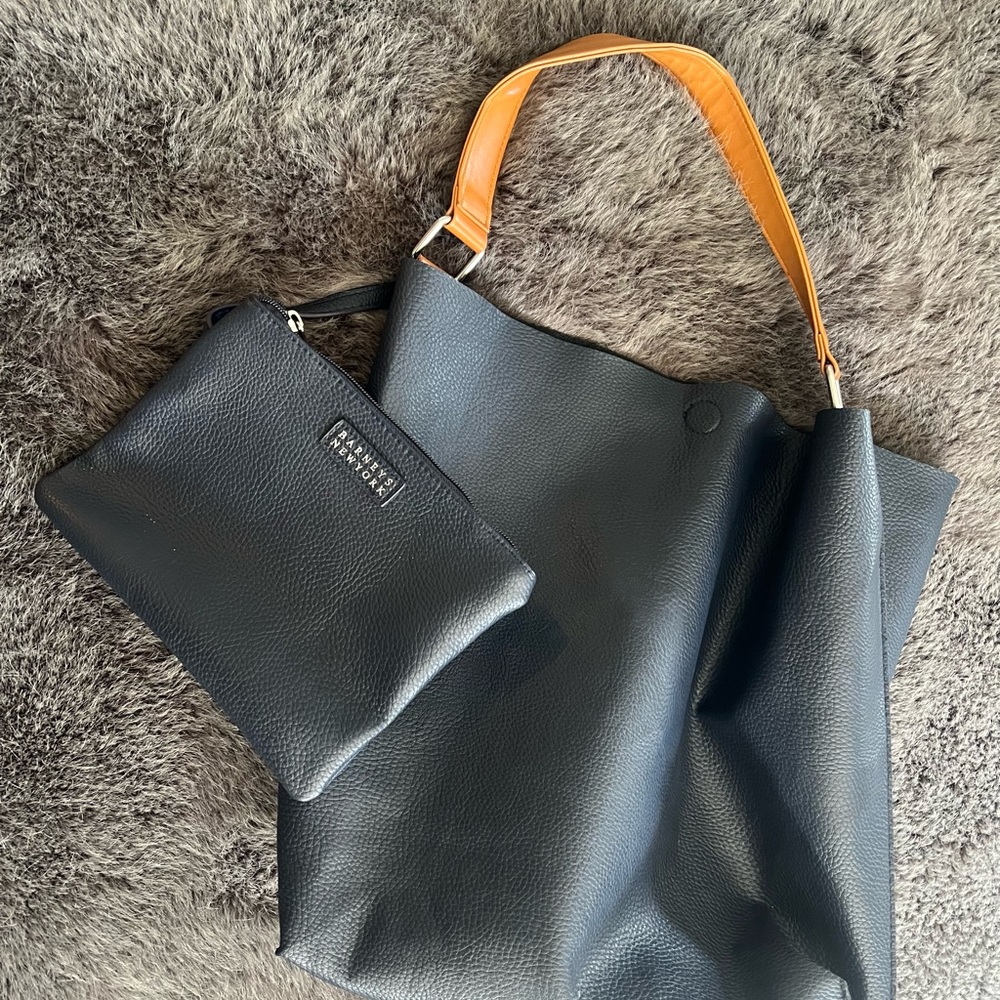Barneys New York Navy and Tan Faux Leather Tote Bag